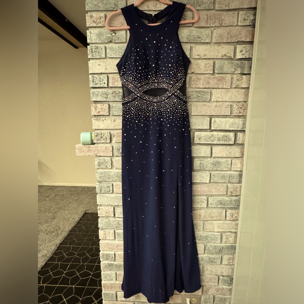 Morgan & Co. blue dress. mesh back and front pieces. slit in right leg.